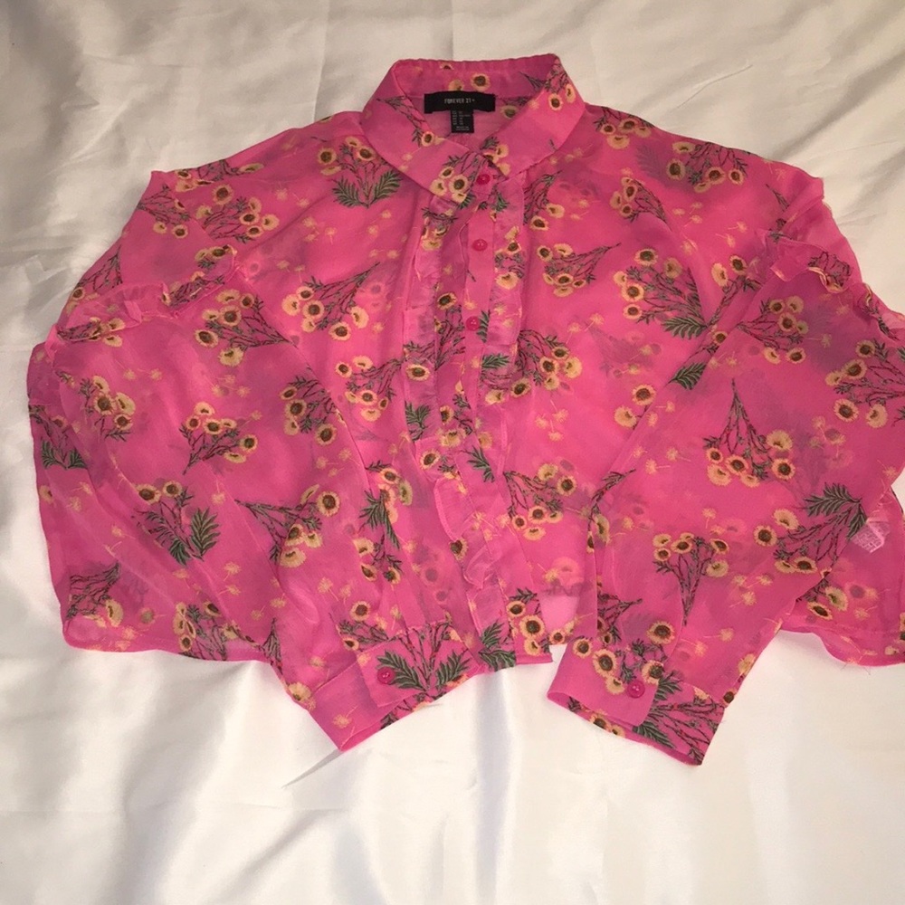 Sheer Floral Long sleeve Pink Crop Top with Ruffles